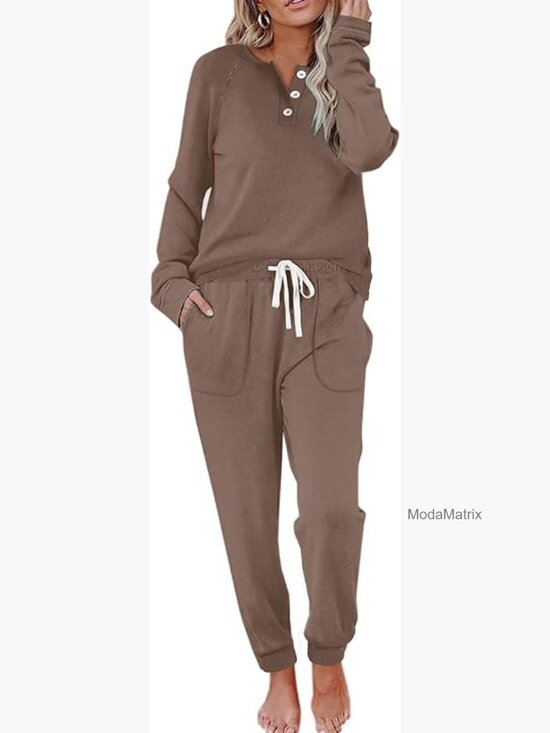 Pants - Two Piece Lounge Set Button Down Sweatshirt Sweatpants with Pockets